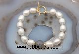 CFB964 Hand-knotted 9mm - 10mm rice white freshwater pearl & grey agate bracelet