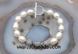 CFB969 Hand-knotted 9mm - 10mm rice white freshwater pearl & grey picture jasper bracelet