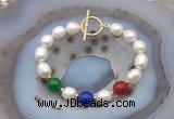 CFB998 Hand-knotted 9mm - 10mm rice white freshwater pearl & colorful candy jade bracelet