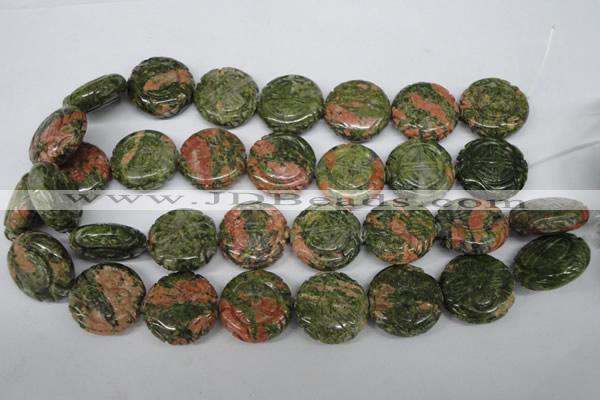 CFG251 15.5 inches 25mm carved coin unakite gemstone beads