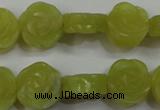 CFG887 15.5 inches 14mm carved flower lemon jade gemstone beads