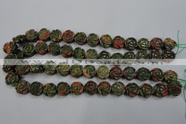 CFG891 15.5 inches 14mm carved flower unakite gemstone beads