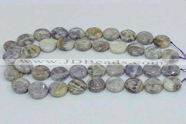 CFJ01 15.5 inches 20mm flat round natural purple flower stone beads