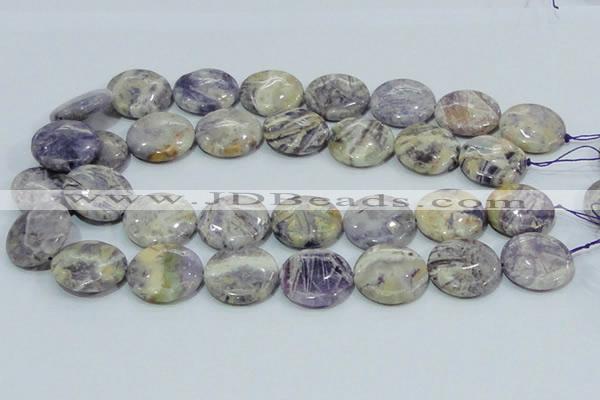 CFJ02 15.5 inches 25mm flat round natural purple flower stone beads