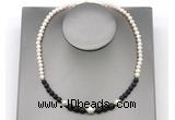 CFN121 potato white freshwater pearl & black lava necklace, 16 - 24 inches