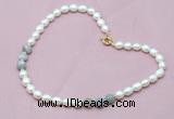 CFN306 Rice white freshwater pearl & grey banded agate necklace, 16 - 24 inches