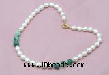 CFN309 Rice white freshwater pearl & green banded agate necklace, 16 - 24 inches