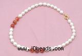 CFN311 9 - 10mm rice white freshwater pearl & fire agate necklace wholesale