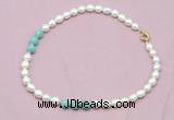 CFN314 9 - 10mm rice white freshwater pearl & amazonite necklace wholesale