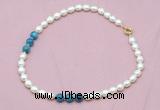 CFN315 9 - 10mm rice white freshwater pearl & apatite necklace wholesale