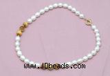 CFN319 9 - 10mm rice white freshwater pearl & golden tiger eye necklace wholesale