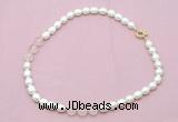 CFN322 9 - 10mm rice white freshwater pearl & rose quartz necklace wholesale