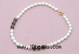 CFN323 9 - 10mm rice white freshwater pearl & smoky quartz necklace wholesale