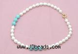 CFN326 9 - 10mm rice white freshwater pearl & blue howlite necklace wholesale