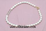 CFN331 9 - 10mm rice white freshwater pearl & white crystal necklace wholesale