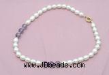 CFN332 9 - 10mm rice white freshwater pearl & amethyst necklace wholesale