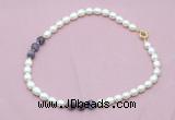 CFN333 9 - 10mm rice white freshwater pearl & dogtooth amethyst necklace wholesale