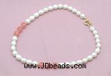 CFN334 9 - 10mm rice white freshwater pearl & cherry quartz necklace wholesale