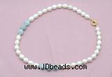 CFN335 9 - 10mm rice white freshwater pearl & aquamarine necklace wholesale