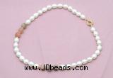 CFN337 9 - 10mm rice white freshwater pearl & rainbow moonstone necklace wholesale