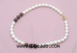 CFN340 9 - 10mm rice white freshwater pearl & mahogany obsidian necklace wholesale