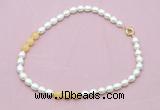 CFN342 9 - 10mm rice white freshwater pearl & honey jade necklace wholesale