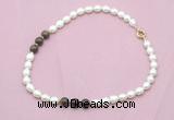 CFN346 9 - 10mm rice white freshwater pearl & bronzite necklace wholesale