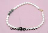 CFN349 9 - 10mm rice white freshwater pearl & African turquoise necklace wholesale