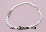 CFN352 9 - 10mm rice white freshwater pearl & feldspar necklace wholesale