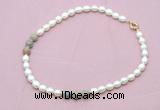 CFN357 9 - 10mm rice white freshwater pearl & serpentine jasper necklace wholesale