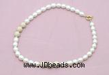 CFN359 9 - 10mm rice white freshwater pearl & white fossil jasper necklace wholesale