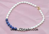 CFN403 9-10mm rice white freshwater pearl & lapis lazuli necklace