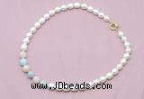 CFN415 9 - 10mm rice white freshwater pearl & morganite necklace