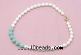 CFN421 9 - 10mm rice white freshwater pearl & amazonite necklace