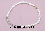 CFN431 9 - 10mm rice white freshwater pearl & white crystal necklace