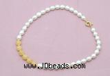 CFN442 9 - 10mm rice white freshwater pearl & honey jade necklace