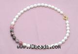 CFN445 9 - 10mm rice white freshwater pearl & rhodonite gemstone necklace