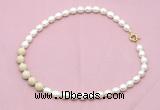 CFN459 9 - 10mm rice white freshwater pearl & white fossil jasper necklace