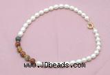 CFN460 9 - 10mm rice white freshwater pearl & picasso jasper necklace