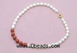 CFN461 9 - 10mm rice white freshwater pearl & red jasper gemstone necklace