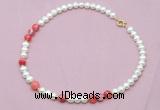 CFN523 9mm - 10mm potato white freshwater pearl & red banded agate necklace