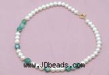 CFN524 9mm - 10mm potato white freshwater pearl & green banded agate necklace