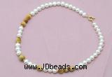 CFN526 9mm - 10mm potato white freshwater pearl & golden tiger eye necklace