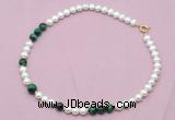 CFN528 9mm - 10mm potato white freshwater pearl & green tiger eye necklace