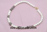 CFN543 9mm - 10mm potato white freshwater pearl & grey agate necklace