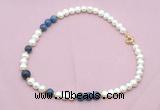 CFN551 9mm - 10mm potato white freshwater pearl & dumortierite necklace