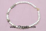 CFN552 9mm - 10mm potato white freshwater pearl & feldspar necklace