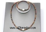 CFN638 4mm faceted round picasso jasper & potato white freshwater pearl jewelry set