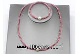 CFN642 4mm faceted round pink wooden jasper & potato white freshwater pearl jewelry set