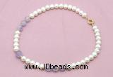 CFN706 9mm - 10mm potato white freshwater pearl & lavender amethyst necklace